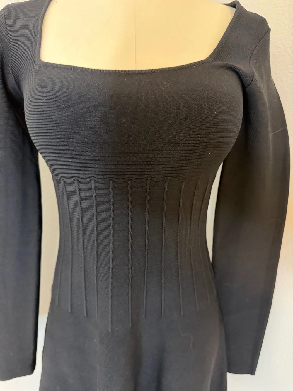 STAUD Black Long-Sleeve Square Neck Tight Knit Dress - Size Small - Picture 2 of 4